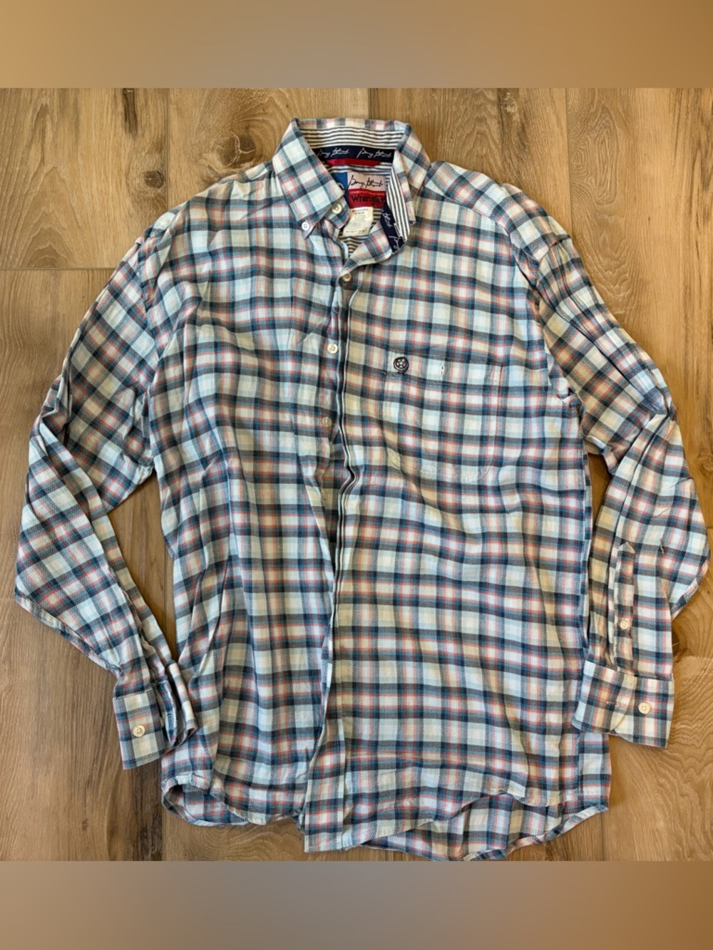 Wrangler Plaid Button-Down Shirt in Blue, Orange & White